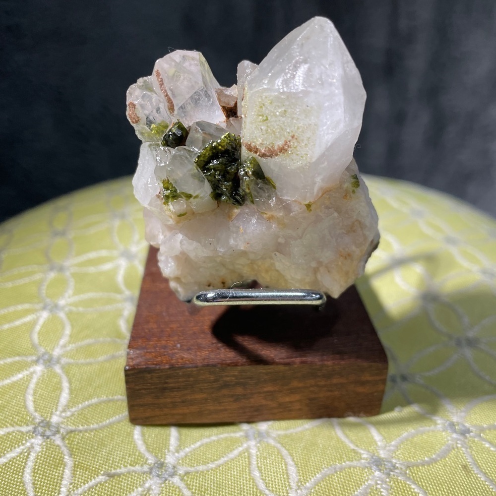 2point clear quartz with epidote! Wood stand included 1.5”!! Beautiful natural